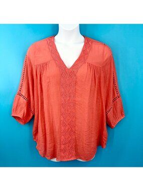 NWT JOHN PAUL RICHARD WOMAN CORAL ORANGE BOHO 3/4 SLEEVE CROCHET TRIM TOP 1X